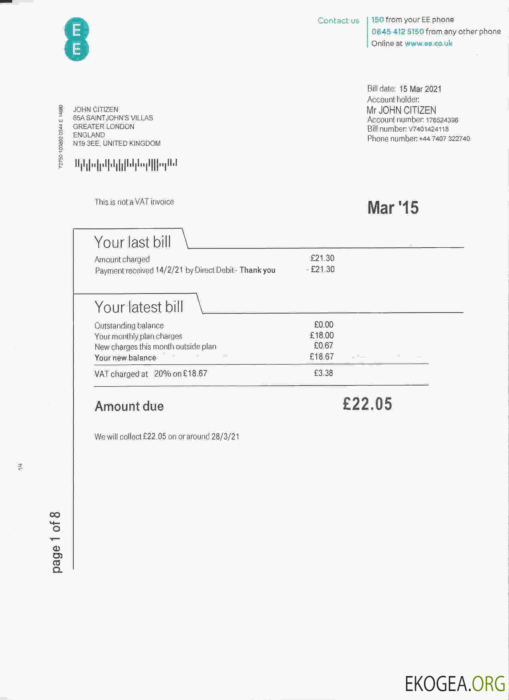 United Kingdom EE phone utility bill template, fully editable in PSD format